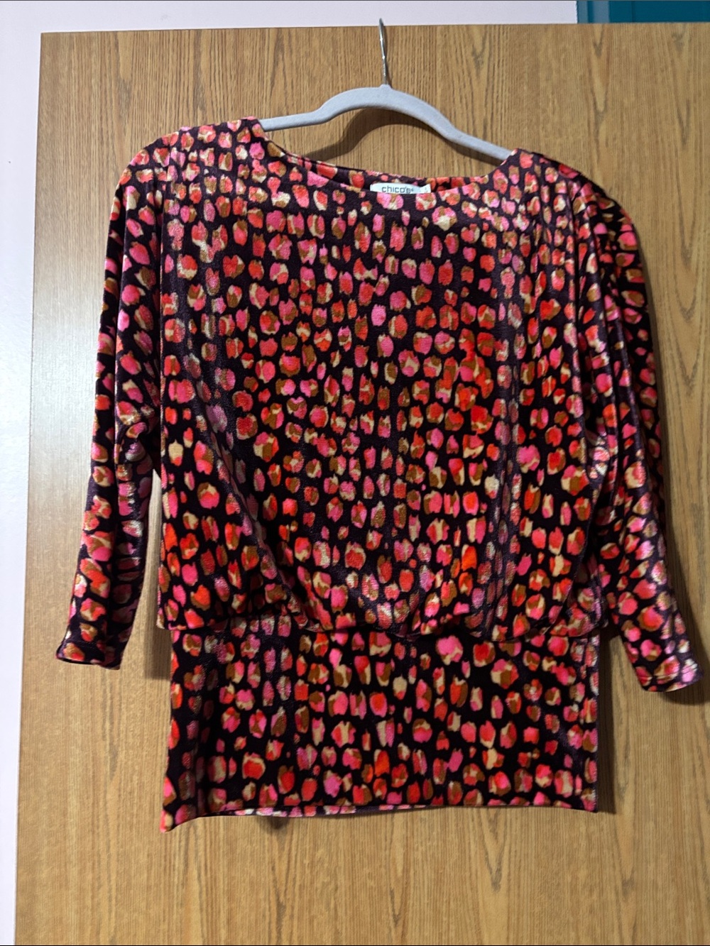 Chico's Black Top with Red, Pink & Gold Leopard Spots